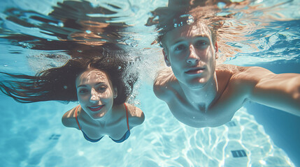 couple underwater in swimming pool