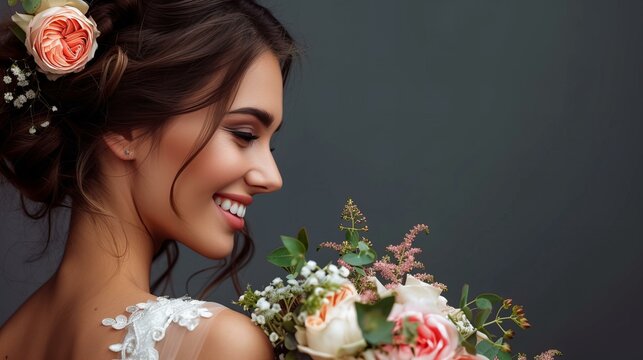 side view portrait of a smiling bride with flowers and copy space