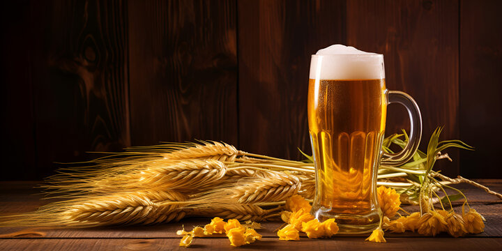 Mug of beer with wheat ears on wooden planks. A glass beer against the background of ears of wheat. Ears of wheat from hop.