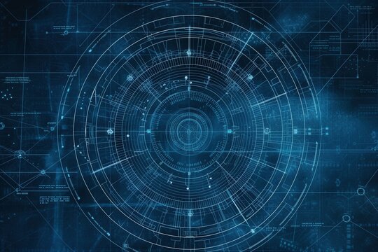 Sci-Fi Blueprint Grid: Explore a futuristic blueprint grid design featuring shades of black, blue, and white, presenting a front-facing flat image that transports you into the realm of science fiction
