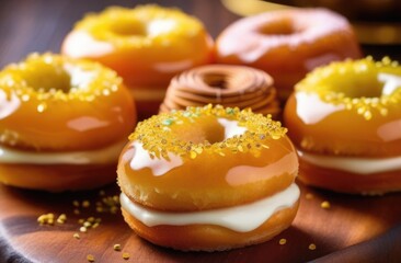 International Day of Nowruz, traditional Iranian and Turkic cuisine, stack of national Iranian donuts with icing, sweet pastries, caramel dessert