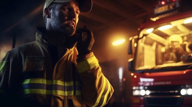 Banner Emergency call concept. man and red rescue firefighting truck representing a call to the paramedics in case of emergency or help in case of fire or accident issue