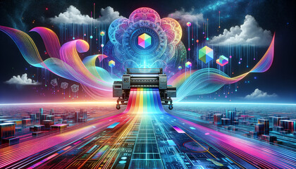 Surreal Digital Printscape: Vibrant CMYK Ink Waves in a Cyber Realm