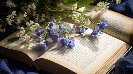 Bouquet of blue flowers on a book, close-up