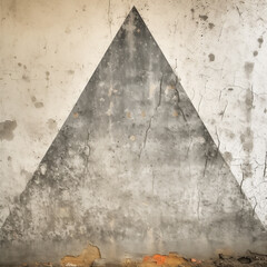 Grungy concrete wall with faded black triangle painted on the surface. Old rough texture with peeling paint. Vintage abstract background, worn out retro wallpaper.