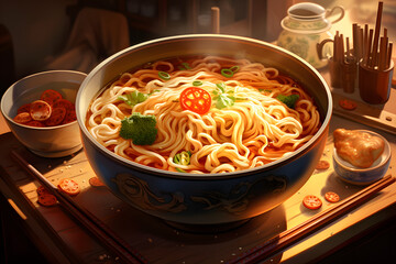 Illustrated noodle soup, tasty noodle soup, eating noodles, ramen soup, tasty noodle soup
