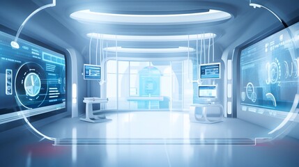 sci-fi futuristic Hospital radiology room with 3d rendering mri scanner, x-ray machine, surgical with robotic surgery and empty bed. Innovative technology in operating room interface concept.