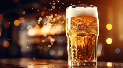 Close-up Hand holding glass of beer, brewery party, Beer glasses clinking at outdoor bar or pub happy moment nightclub