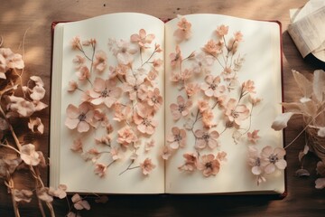 open book with flowers on pages dreamy fantasy illustration. Herbarium concept. Beauty of words,  education, reading books, knowledge of literature.