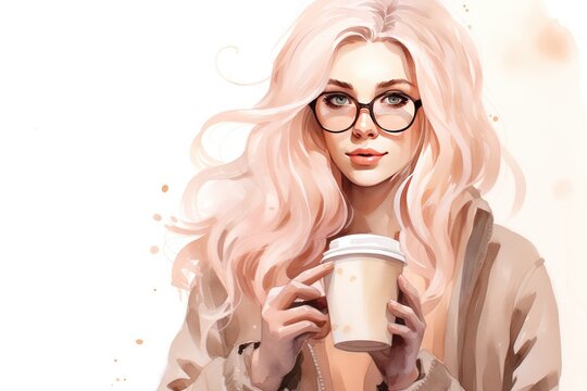 cute nice blonde hipster girl wearing glasses with long hair and holding a paper coffee cup in trendy  peach fuzz pastel color palette isolated on white background