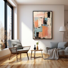 expressive abstract painting in interior of minimal modern eclectic room mock up with furniture