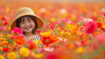 A joyful girl stands in a field of vibrant flowers, her sun hat framing her beaming face as she basks in the warmth of the sun and the beauty of nature surrounding her