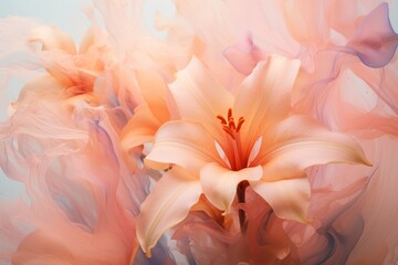 pastel pink peach color realistic looking flowers dissolving into abstract painting. Poster for interior decoration.