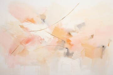 beautiful pastel pink peach color abstract painting with expressive brush strokes and a touch of golden paint enamel. trendy peach fuzz horizontal poster or background illustration with copy space.