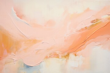 beautiful pastel pink peach color abstract painting with expressive brush strokes and a touch of golden paint enamel. trendy peach fuzz horizontal poster or background wallpaper with copy space.