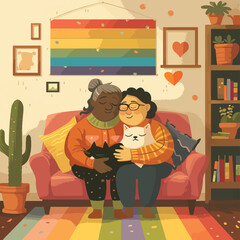 Happy old lesbian couple. Old black skin woman hugging her partner in a cozy living room, front view, lgbtq+ flag, cartoon flat style