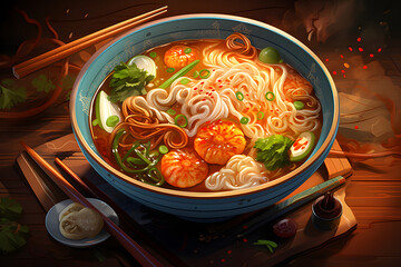 Illustrated noodle soup, tasty noodle soup, eating noodles, ramen soup, tasty noodle soup