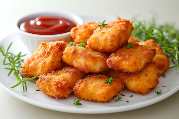 chicken nuggets with red ketchup sauce on table background. fast food