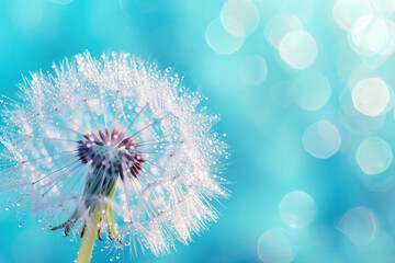 Dandelion Seeds Captured in Droplets on a Blue and Turquoise Background, Nature's Macro Elegance with a Soft Focus"