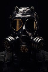 biohazard chemical mask on black background, gas protection suit for face