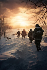 silhouette of military army platoon with weapon, infantry and commando team, special forces soldiers