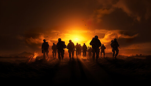 silhouette of military army platoon with weapon, infantry and commando team, special forces soldiers