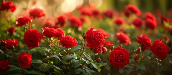 Fototapeta premium Red Rose Garden: A Stunning Display of the Enchanting Red Rose Blossoms in a Vibrant Garden