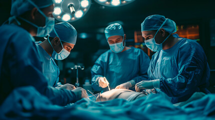 Cirujanos en el quirófano de un hospital operando a un paciente - obrazy, fototapety, plakaty