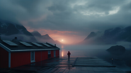 Solitary woman in red jacket standing on the lakeshore near a house equipped with solar panels, looking at a dark foggy landscape in the mountains. Living in a remote location. - obrazy, fototapety, plakaty