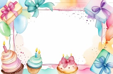Watercolor birthday card. A frame, a place for text. Cakes, cupcakes, candles, balls, bows. Drawing