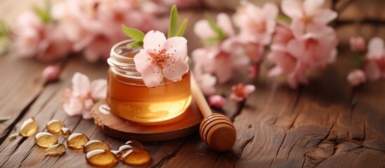 Obraz na płótnie Canvas Breathtaking Acaci Blossoms on Wooden Background with Sweet Honey: An Enchanting Display of Honey, Acaci Blossoms, and a Wooden Background