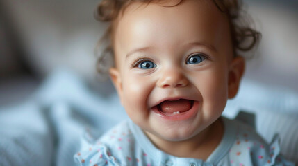 A baby's innocent and heartwarming smile, capturing the pure joy of a child - obrazy, fototapety, plakaty