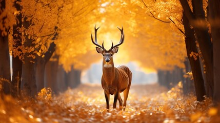 wild deer at yellow autumn forest, animal at nature, wildlife concept