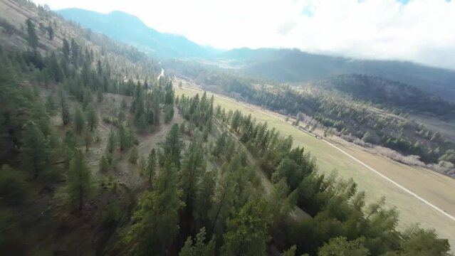 FPV drone high speed flying above the trees at Green Mountain road, British Columbia, Canada. High quality 4k footage