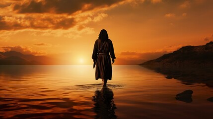 Jesus Christ walking by water at sea, faith and christianity concept - obrazy, fototapety, plakaty