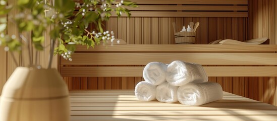 Fototapeta na wymiar Relaxing Interior of a Serene Wooden Sauna Room with White Towels