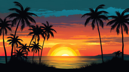 Fototapeta na wymiar sunset at exotic tropical beach with palm trees and sea, colorful illustration in style of purple and orange nature