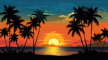 Fototapeta na wymiar sunset at exotic tropical beach with palm trees and sea, colorful illustration in style of purple and orange nature