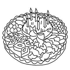 Spring Persian celebration of Nowruz with traditional green weeds, sweets, fruits table decoration. Hand drawn retro vintage colorful illustration. Old school style drawing.