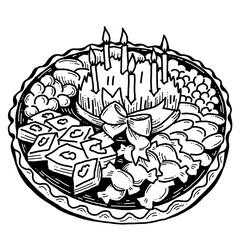 Spring Persian celebration of Nowruz with traditional green weeds, sweets, fruits table decoration. Hand drawn retro vintage colorful illustration. Old school style drawing.