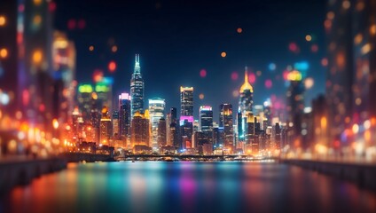 Completely blurred city lights at night, creating a bokeh effect with vibrant colors. generative AI - obrazy, fototapety, plakaty
