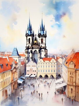 Old town square in Prague, watercolor