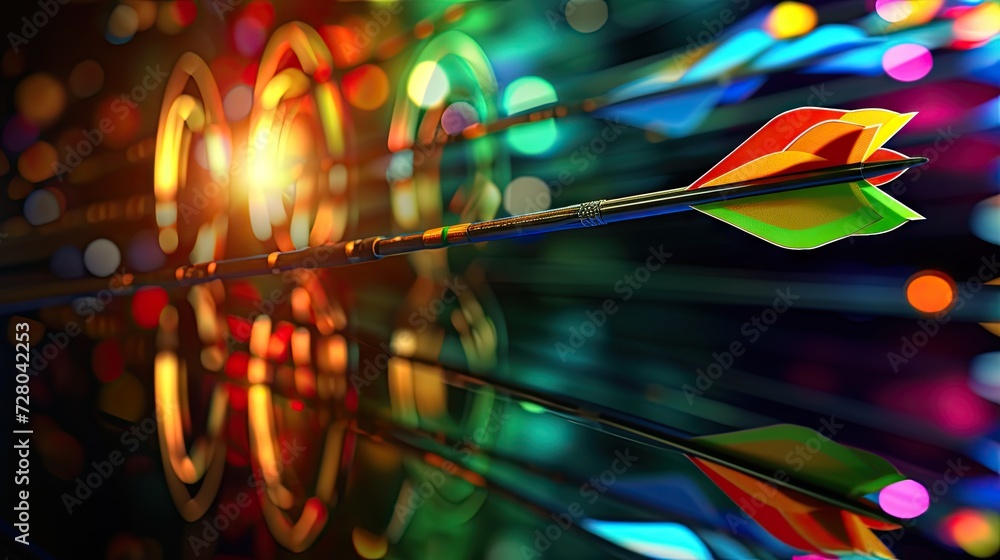 Poster darts arrow in center of dartboard with colorful bokeh background