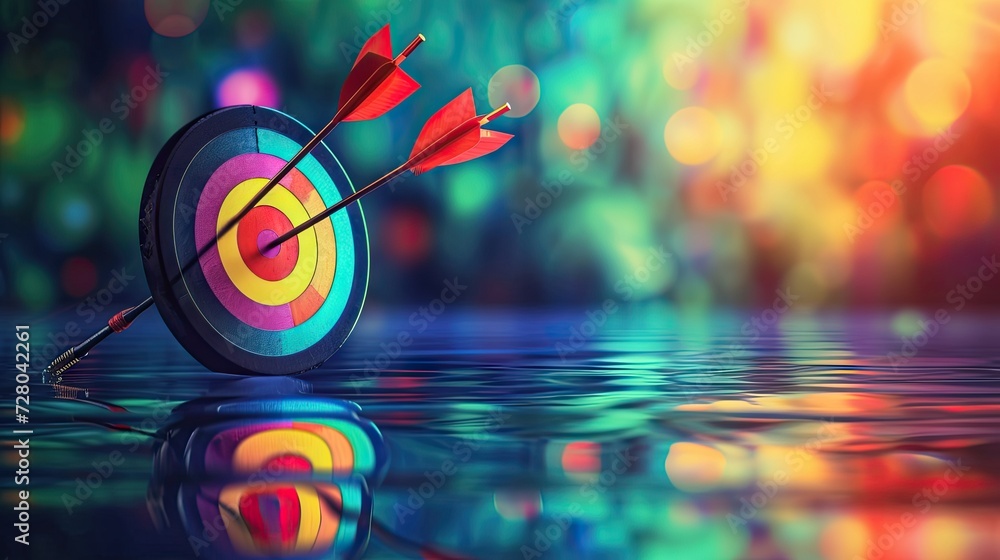 Poster darts target with arrow on colorful bokeh background