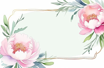 copy space frame peonies isolated on white background, botanical herbal watercolor illustration for wedding or greeting card, wallpaper, wrapping paper design, textile, scrapbooking