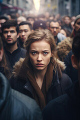 Obraz premium A woman standing in the middle of a crowded street, surrounded by people