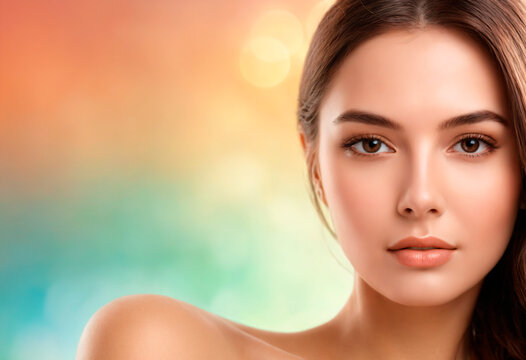 beauty, people and health concept - beautiful young woman face over colorful lights background