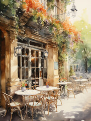 Fototapeta na wymiar Cozy european cafe outdoor, watercolor