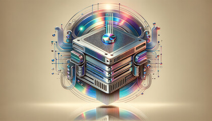 Futuristic edge computing server with metallic textures and iridescent finishes.