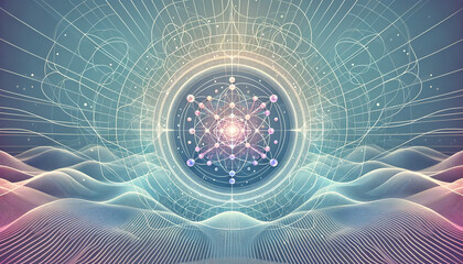 Serene Quantum Internet: Futuristic network of nodes and connections in a tranquil backdrop